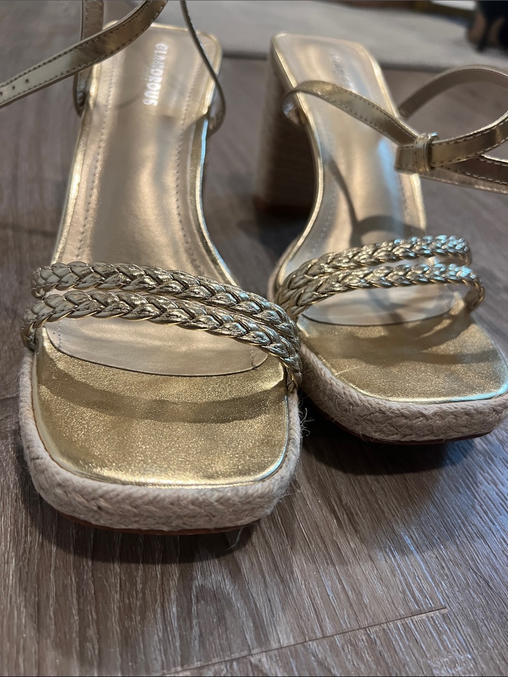 Metallic Gold Braided Espadrille Block Heel Sandals - Women